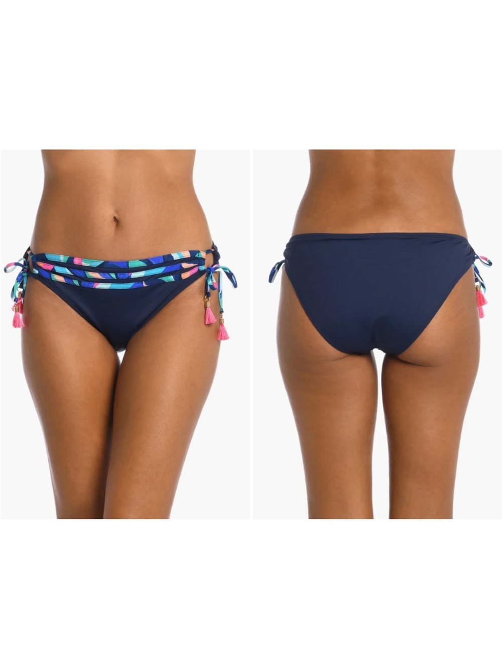 La Blanca Navy Bikini Bottom with Multicolor Trim and Tassels